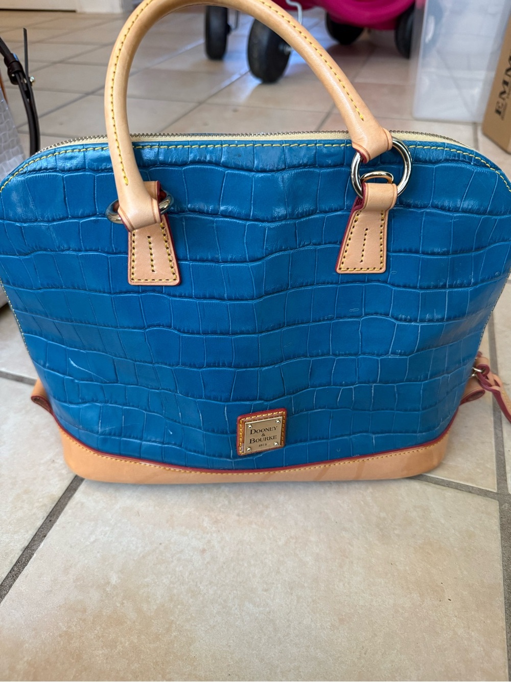 Dooney & Bourke Teal Blue Croc-Embossed Satchel with Natural Trim